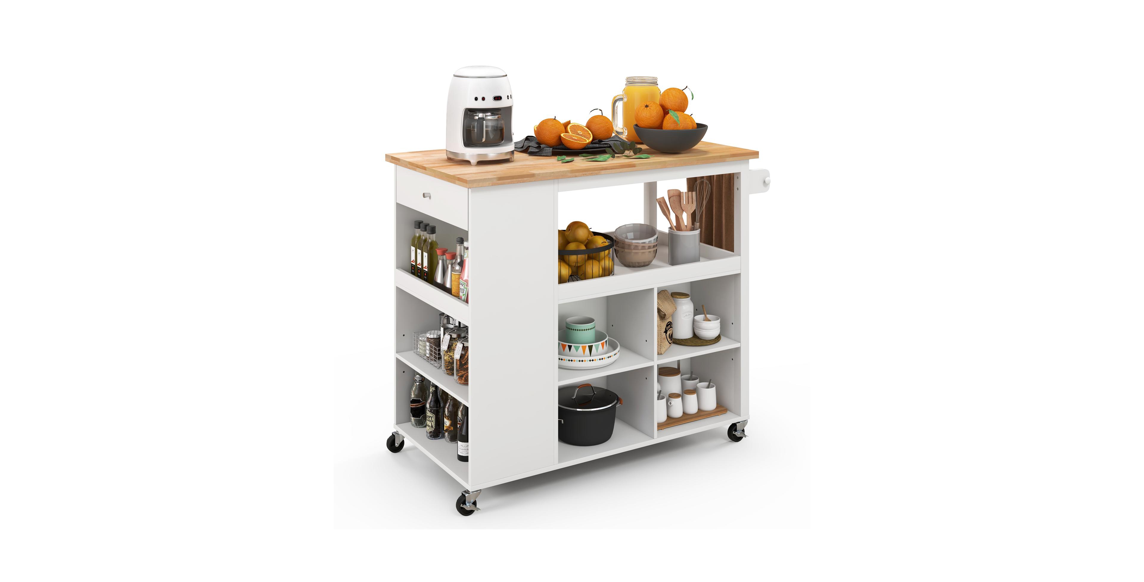 Volenca Kitchen Island Trolley Cart on Wheels with Storage Open Shelves and Drawer