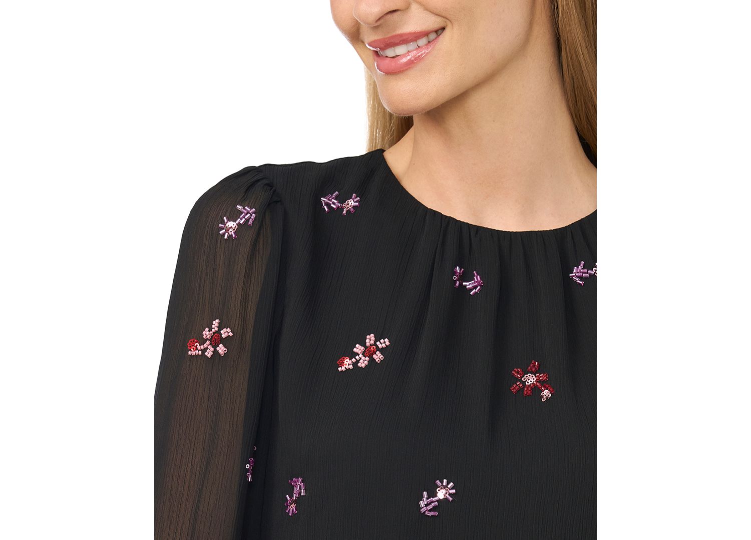 Women's Beaded Long-Sleeve Double Ruffle Cuff with Shirred Neck Blouse