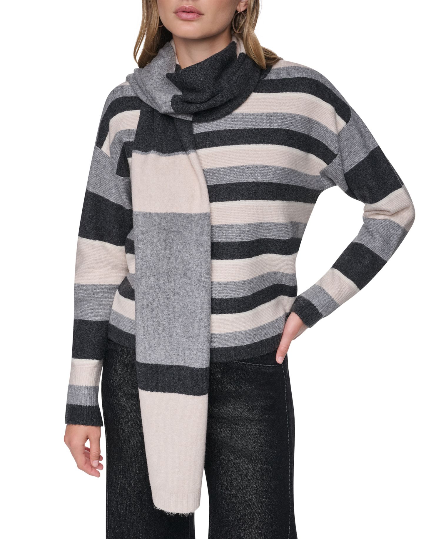 Women's Easy Striped Oversized Sweater with Scarf
