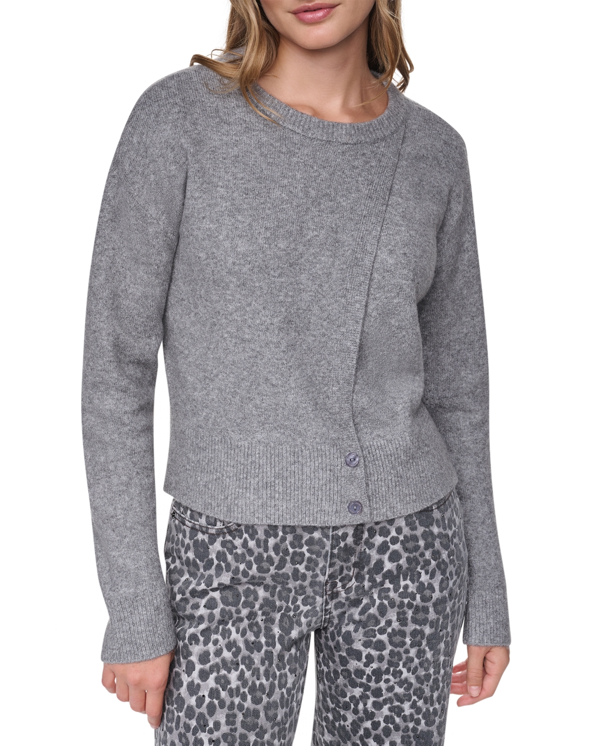 Dkny Jeans Women's Crewneck Cardigan with Asymmetric Closure - Storm Grey Heather