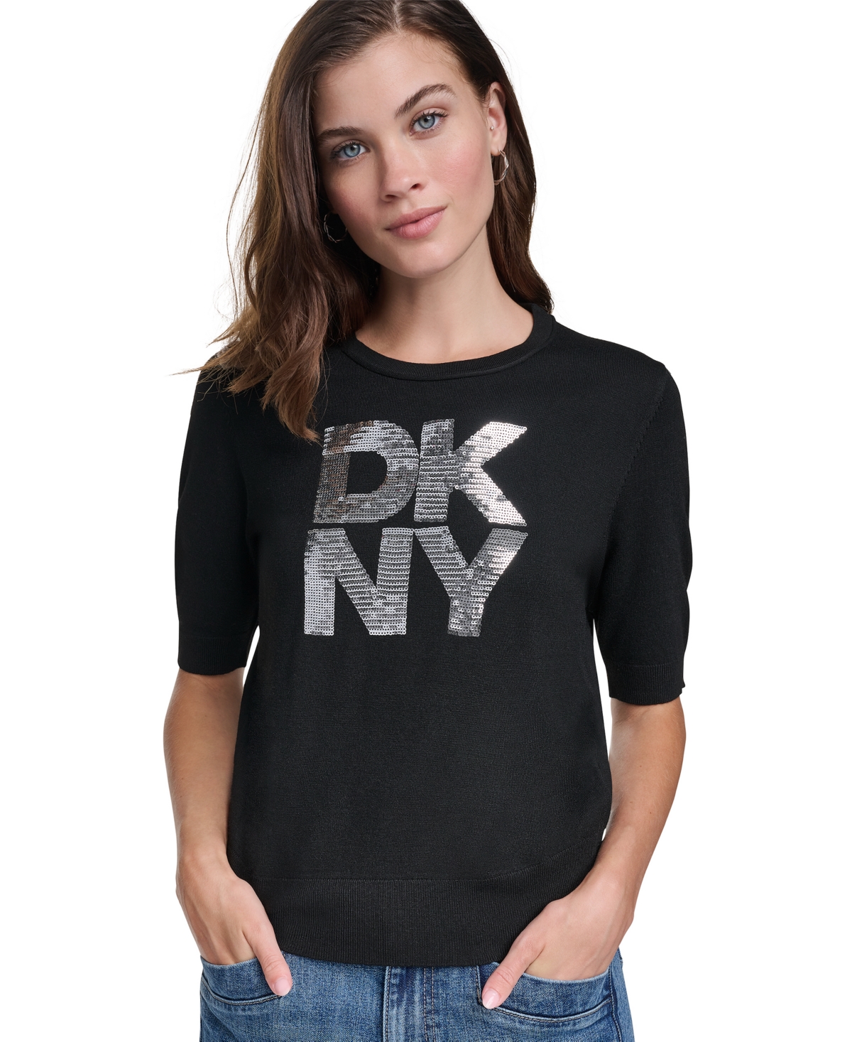 Dkny Jeans Women's Sequin Elbow-Sleeve Sweater - Black