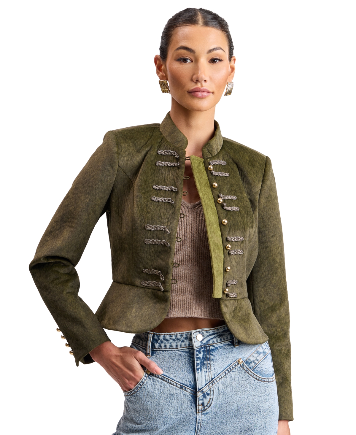 Avec Les Filles Women's Velvet Military-Inspired Mandarin Collar Jacket