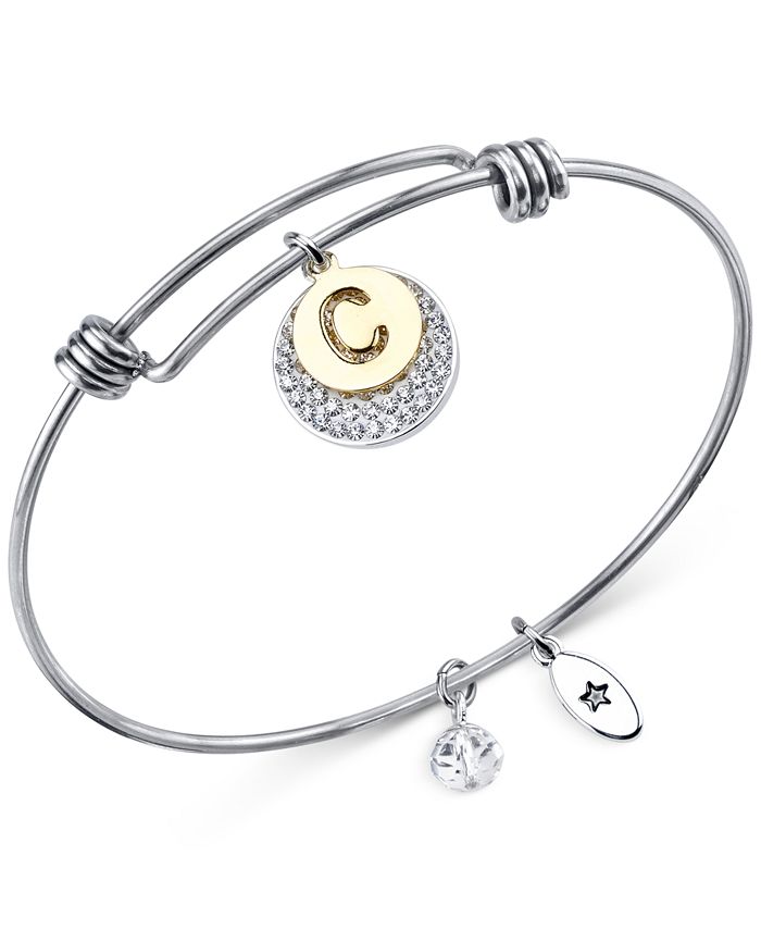 Unwritten - Pav&eacute; and initial Disc Bangle Bracelet in Stainless Steel and Silver-Plate