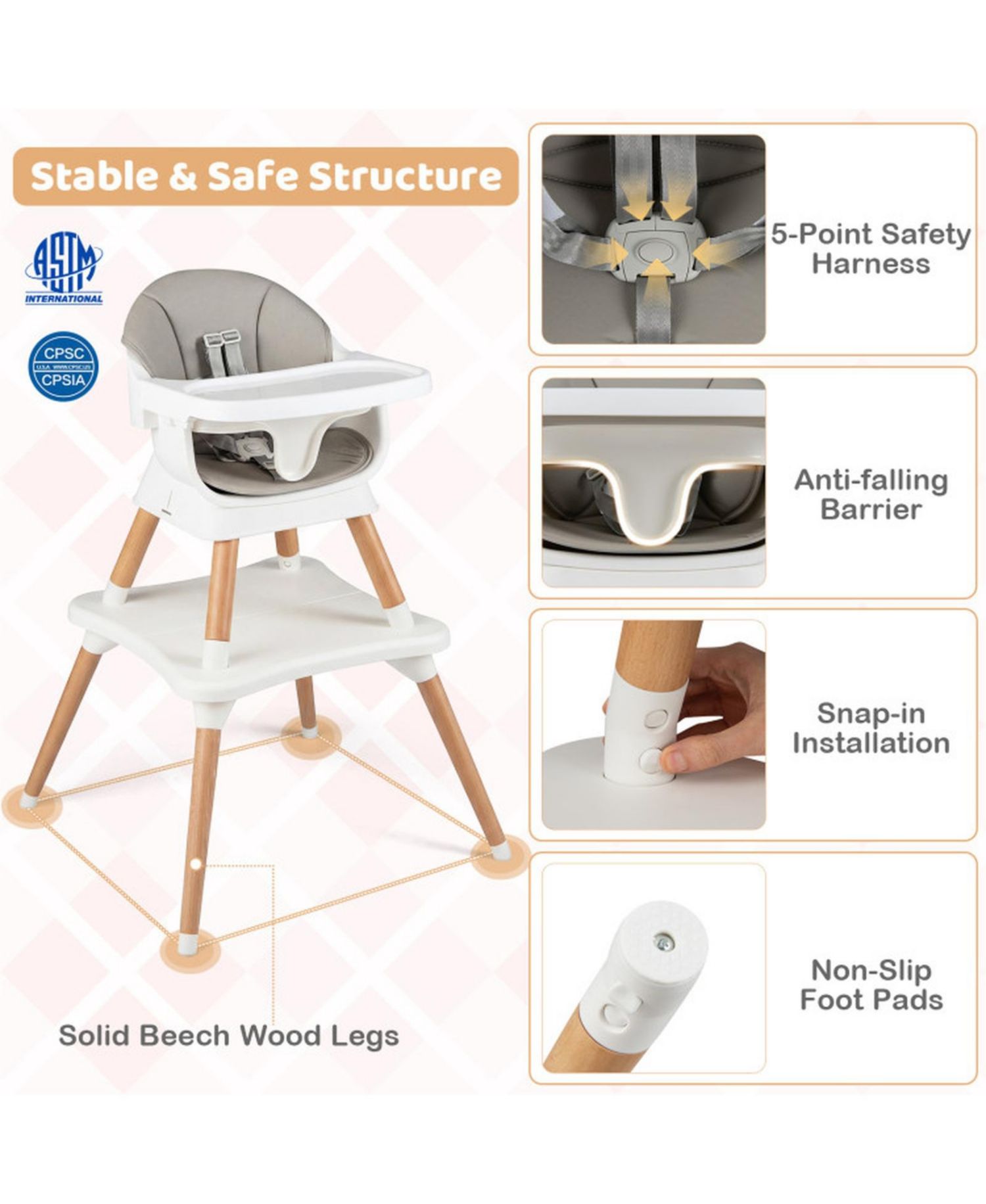 Convertible Wipe Clean Wooden Beech Legs High Chair
