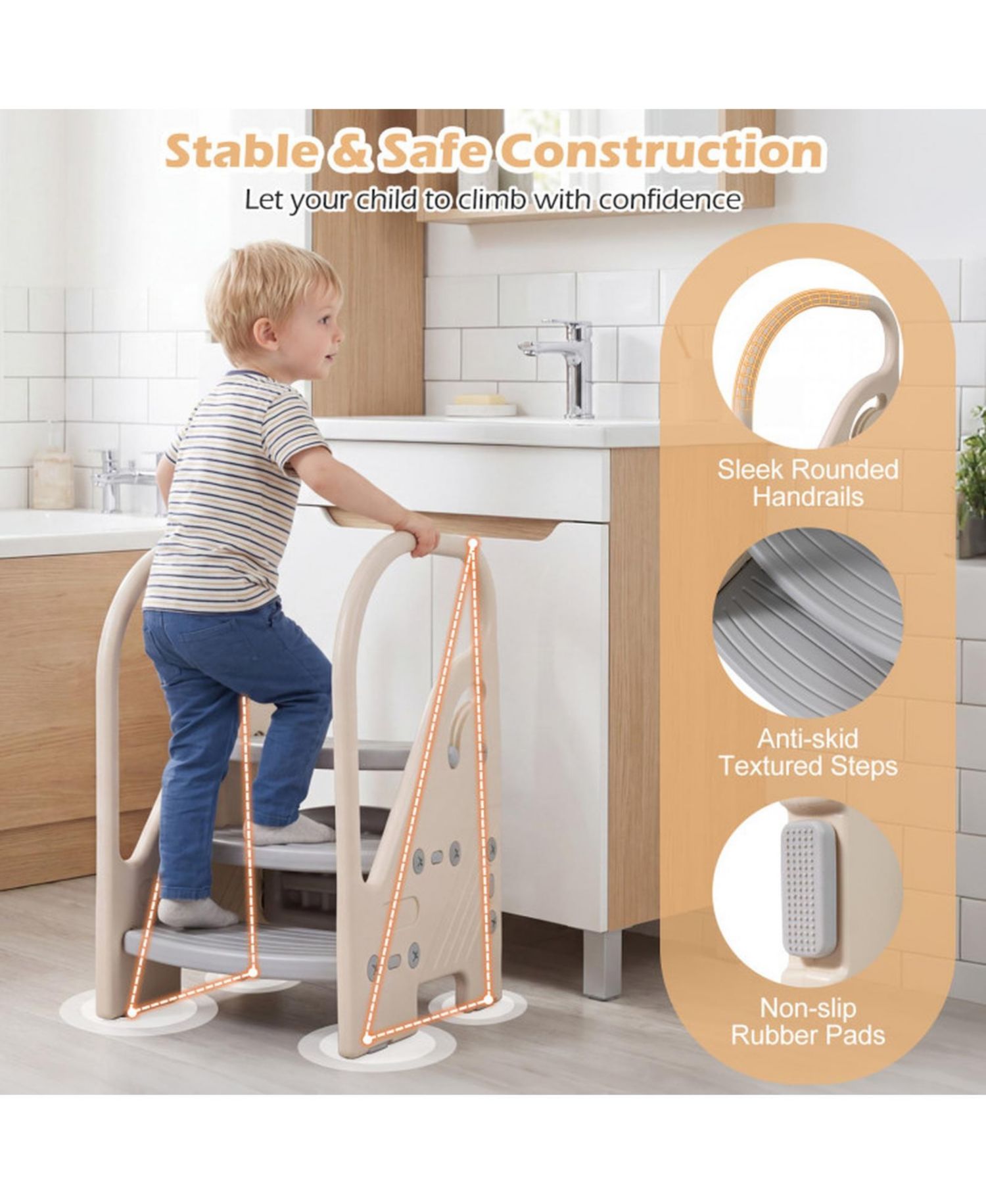 Adjustable 3-Step Kids Helper Stool with Safety Handles