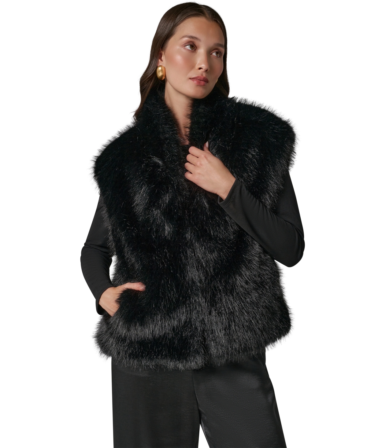 Donna Karan New York Petite Faux Fur Sleeveless Collared Vest