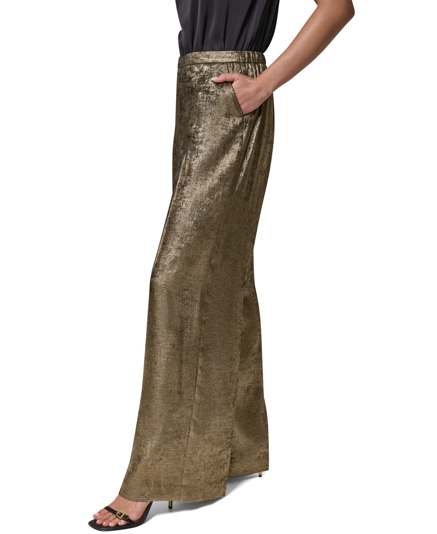 Женские широкие металлизированные брюки Donna Karan New York Petite без застёжки, цвет: Золотой — фото 4