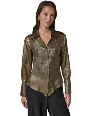 Petite Long-Sleeve Point-Collar Pointy-Asymmetrical-Hem Blouse