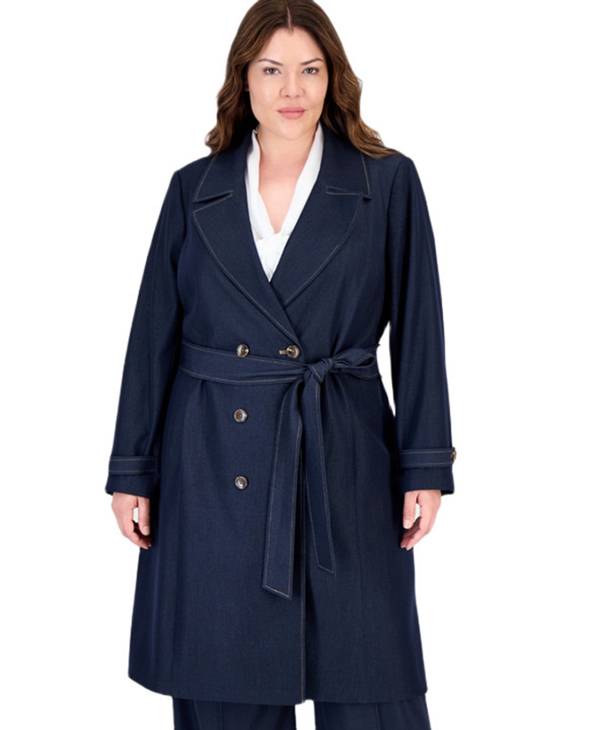 Tahari Plus Size Denim Double-breasted Long Trench In Dark Denim