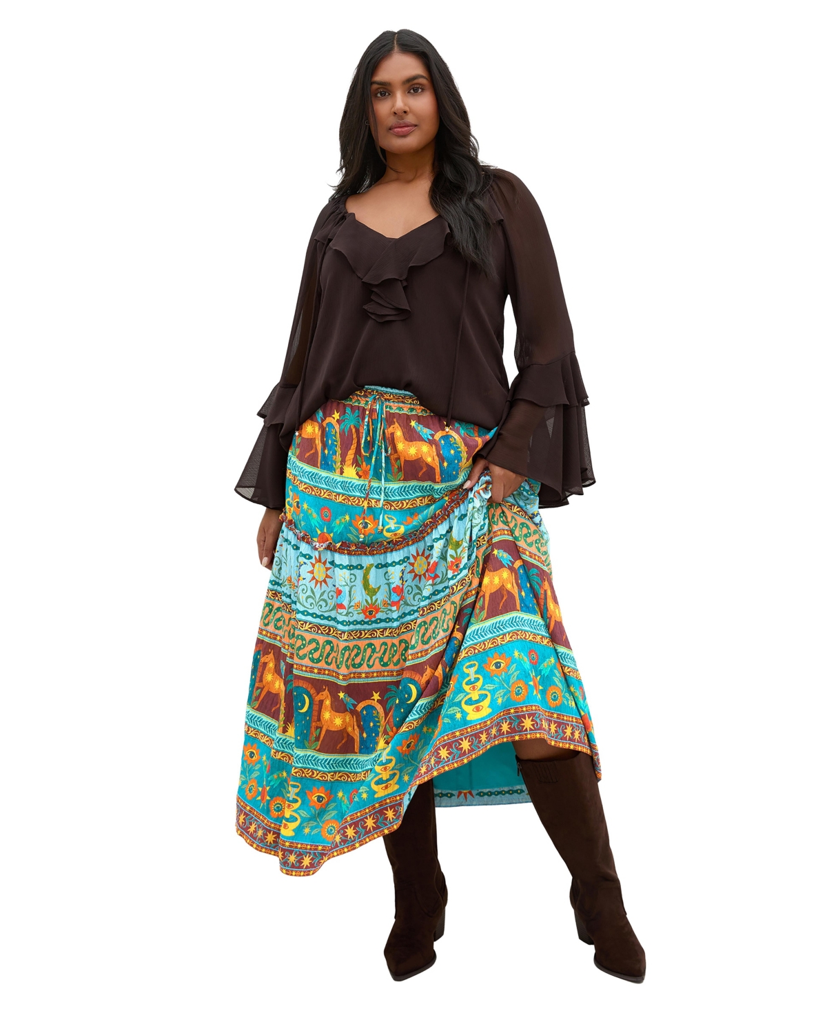 City Chic Plus Paradiso Tiered High-Waisted Print Midi Skirt