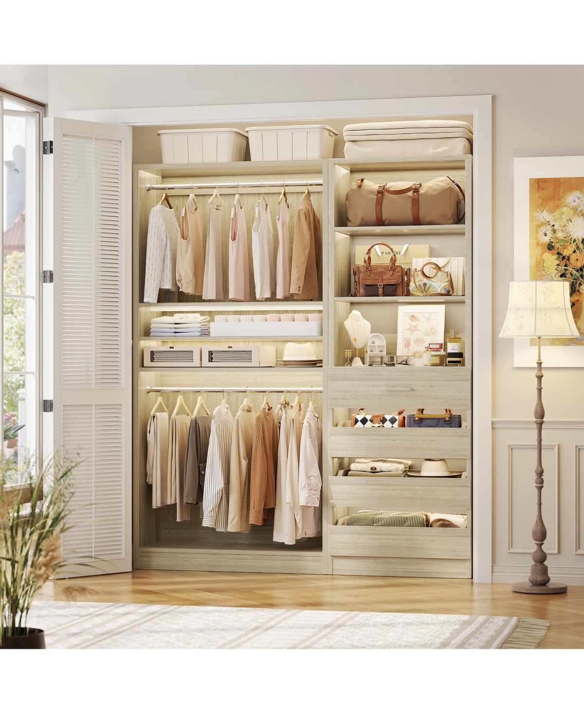 Aheaplus Heavy Duty Closet Organizers Set with 4-Drawers and Hanging Rods - Beige oak