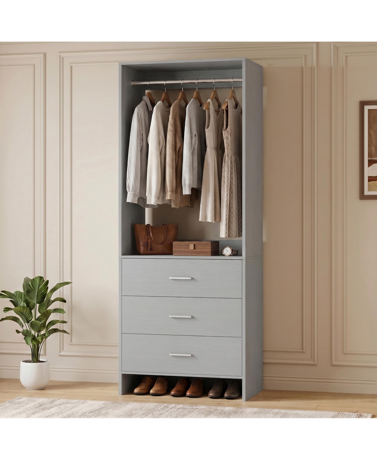 Aheaplus 2Feet Closet Organizer with 3 Drawers, Small Closets Wardrobe with Hanging Rods - Gray