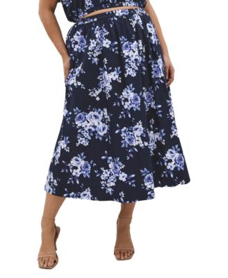 Plus Size Vacay Floral-Print Midi A-Line Skirt