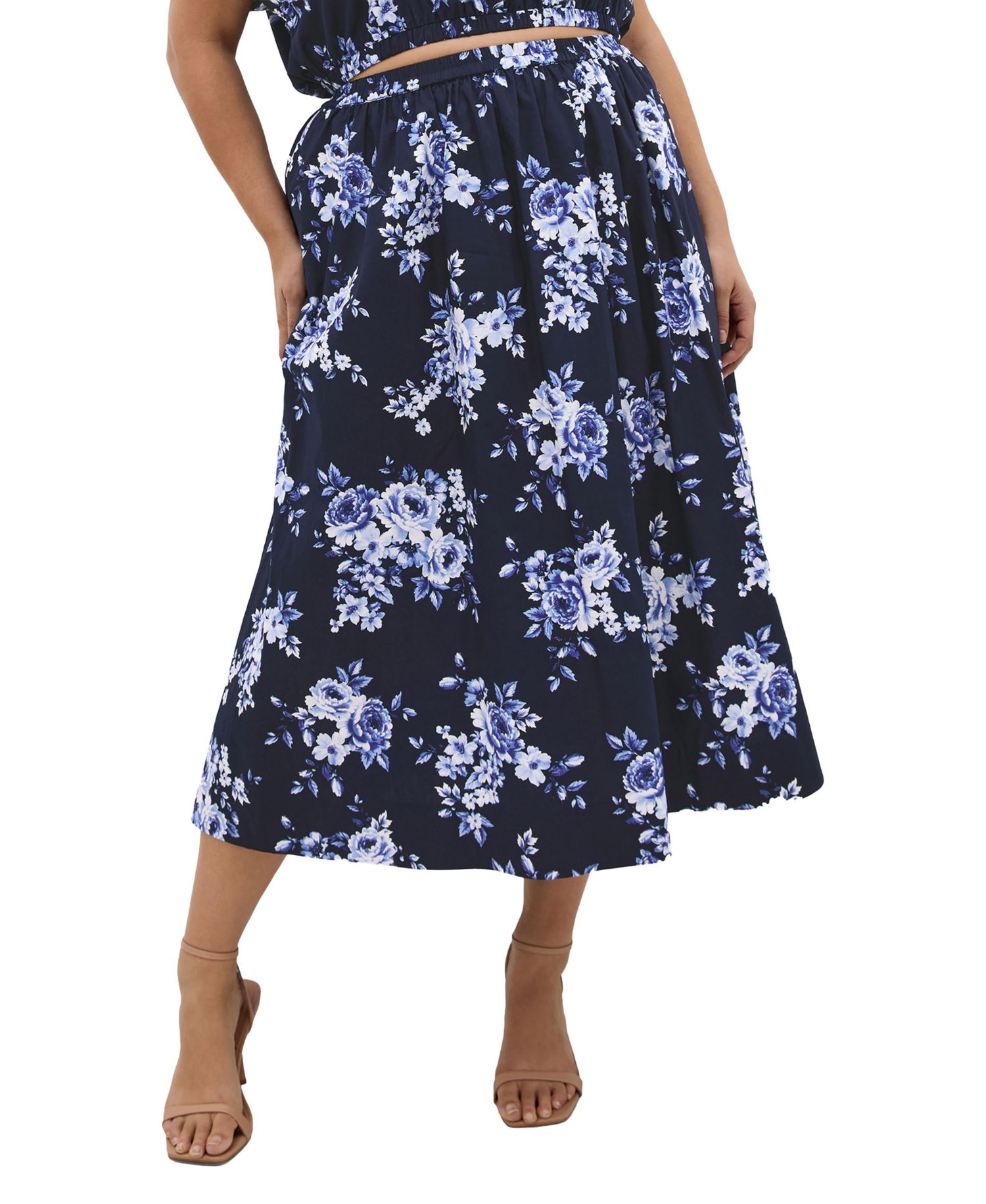 Plus Size Vacay Floral-Print Midi A-Line Skirt
