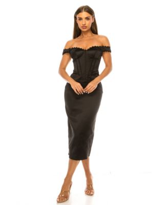 Women's Off-the-Shoulder Satin Corset-Style Midi Dress