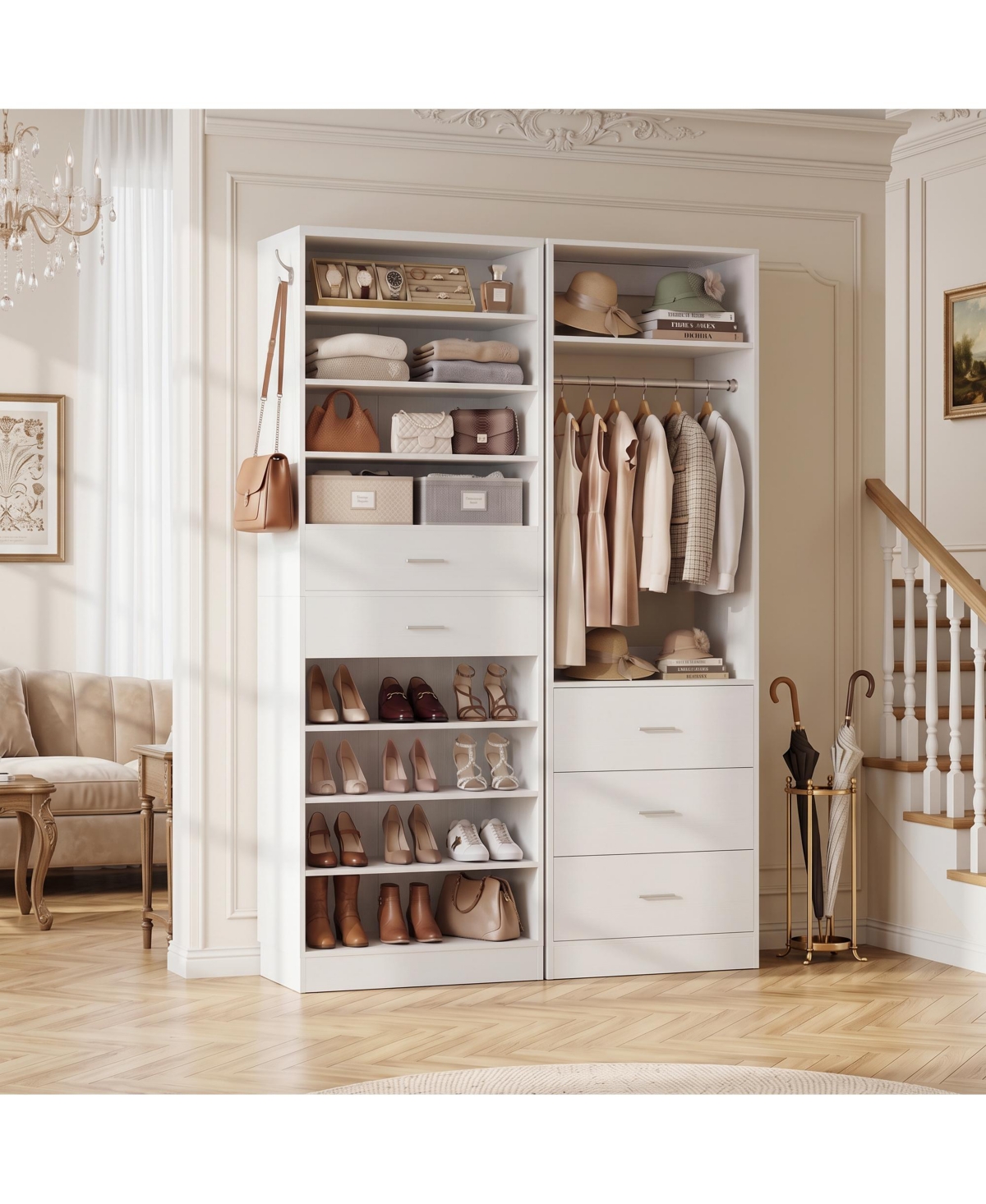 Aheaplus Closet Organizer Set with 5-Drawers and Shoes Rack, Wood Closet System - White