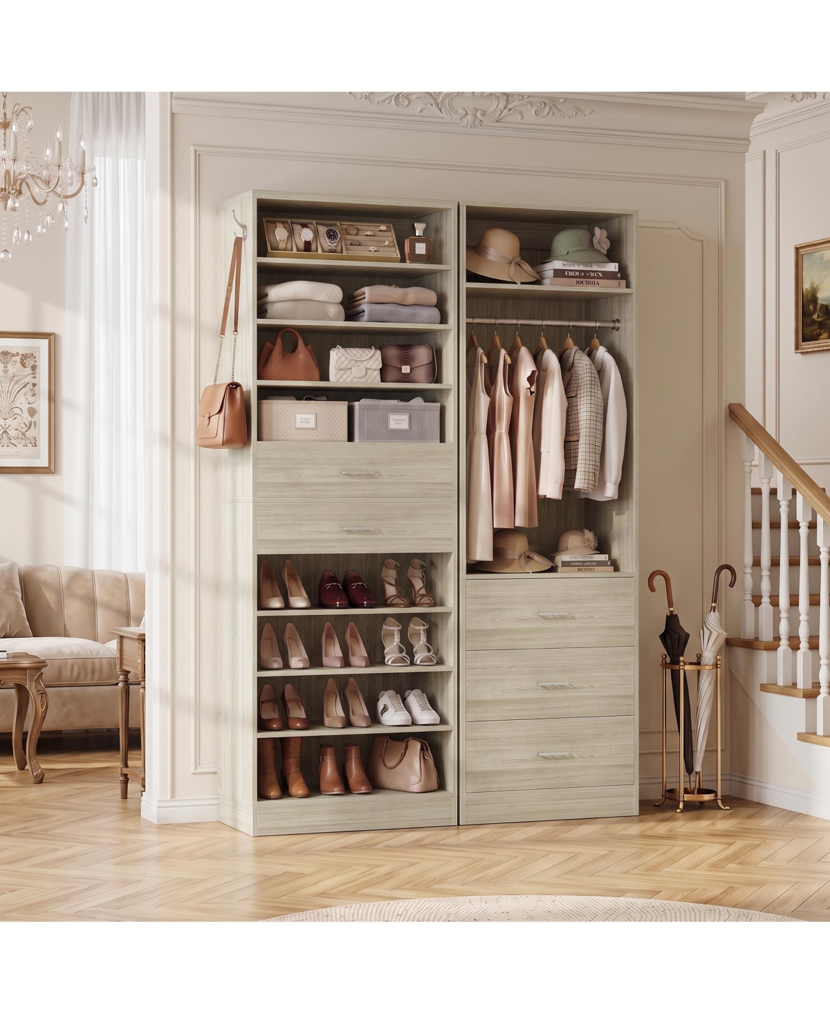 Aheaplus Closet Organizer Set with 5-Drawers and Shoes Rack, Wood System