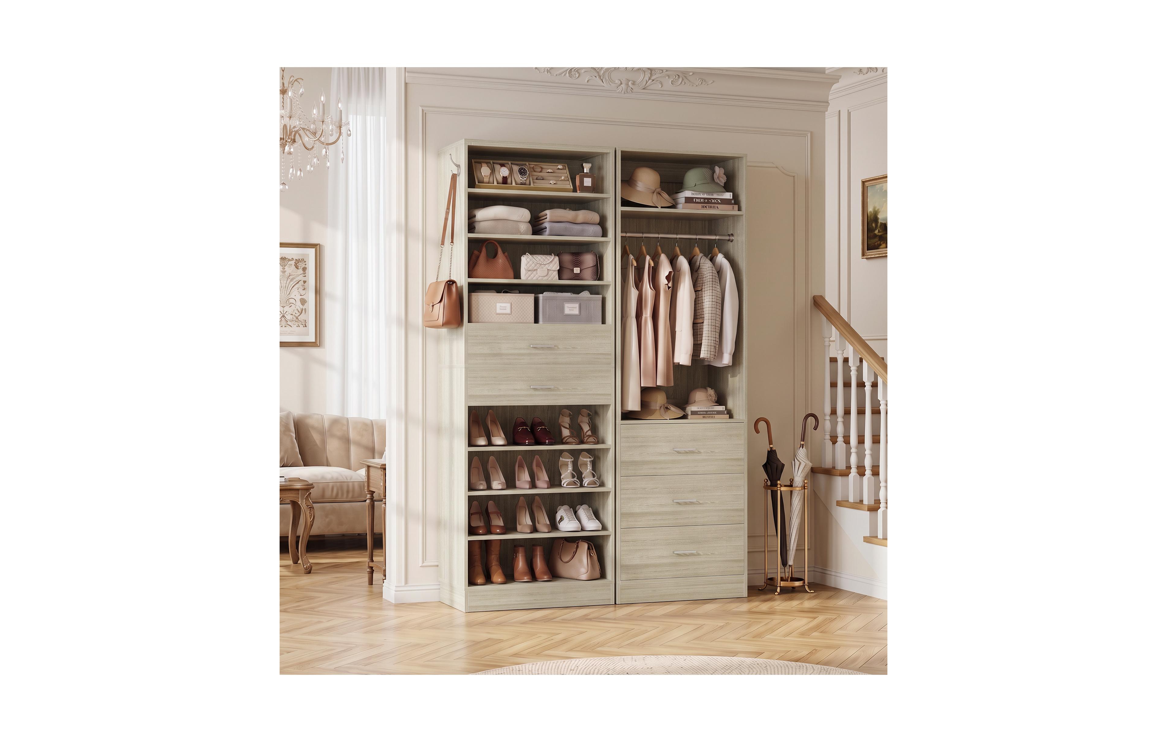 Aheaplus Closet Organizer Set with 5-Drawers and Shoes Rack, Wood Closet System