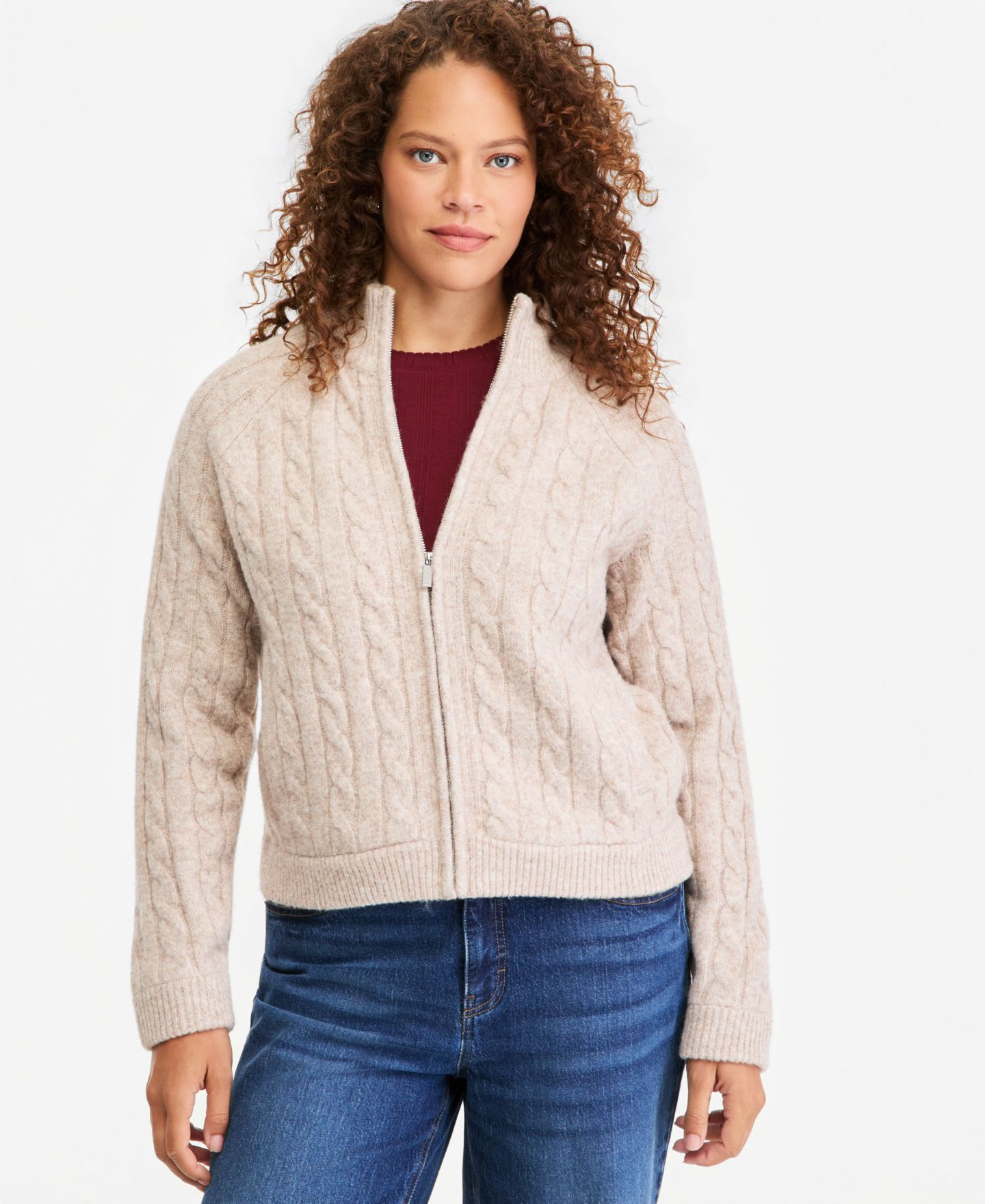 Женский кардиган On 34th Cable-Knit Zip Up Mock-Neck, цвет: Миндальный кремовый меланжевый — фото 1