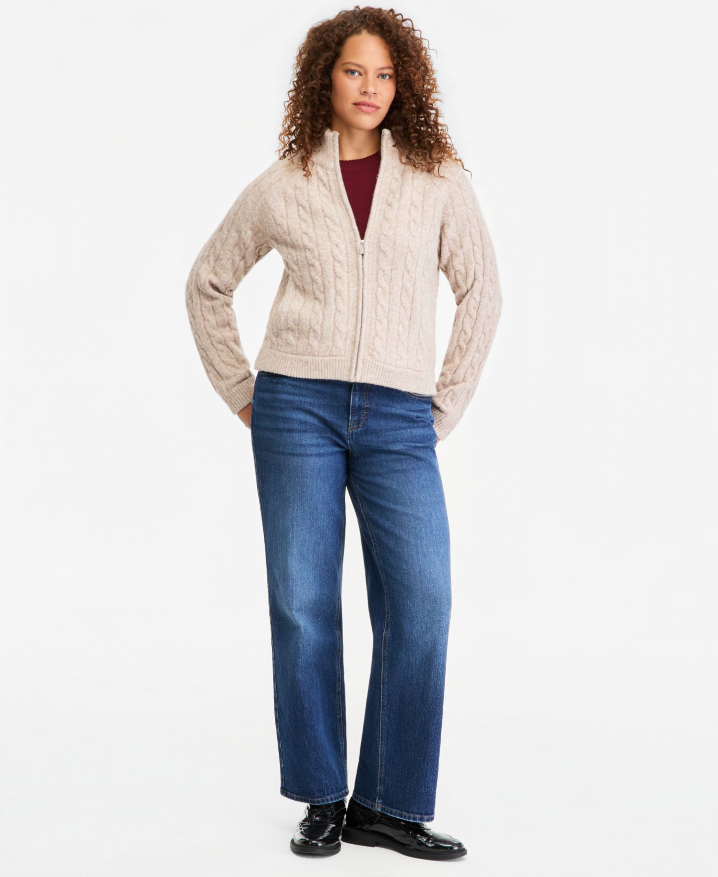 Женский кардиган On 34th Cable-Knit Zip Up Mock-Neck, цвет: Миндальный кремовый меланжевый — фото 4