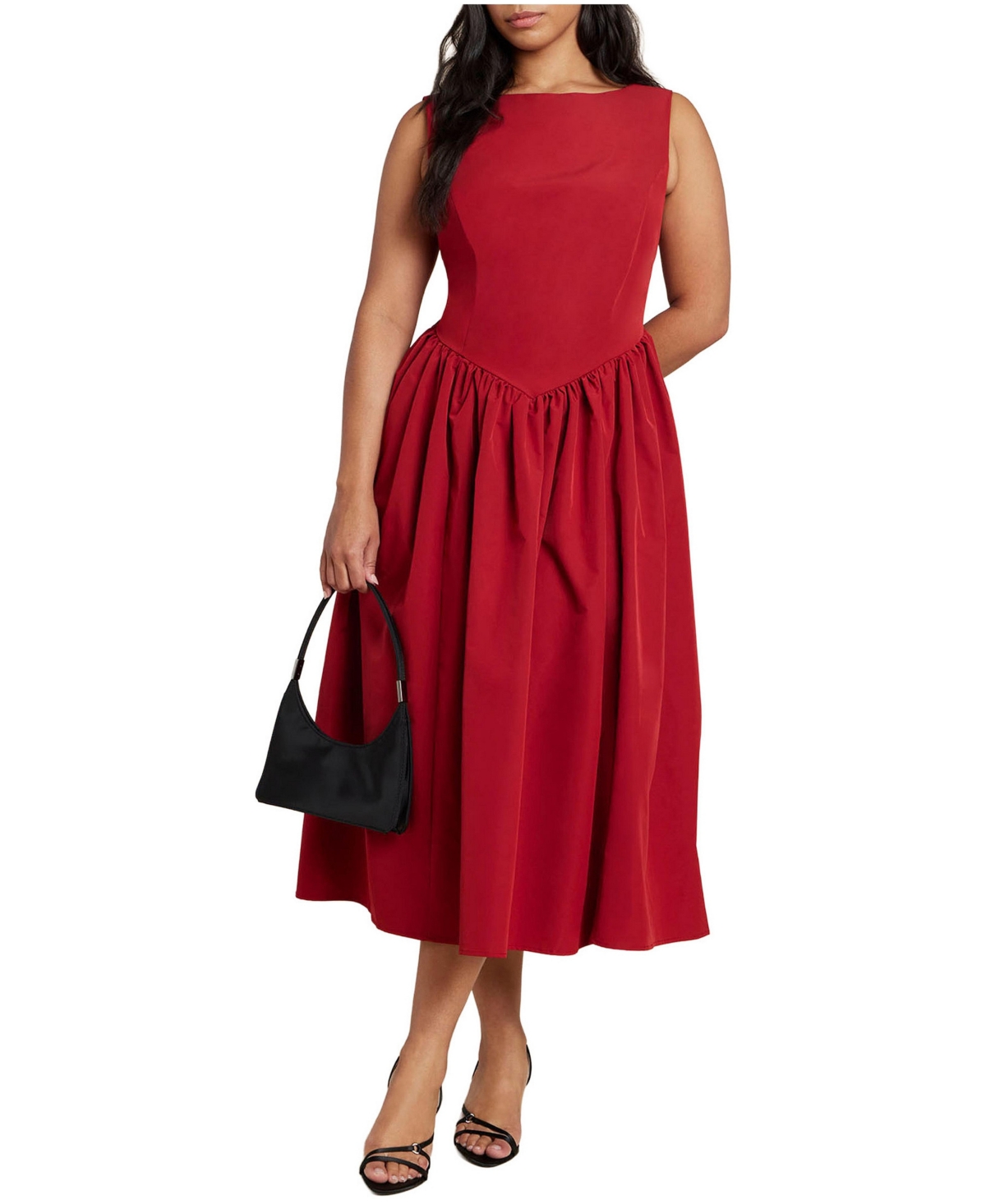 Eloquii Plus Size Boat-Neck Fit-and-Flare Taffeta Midi Dress