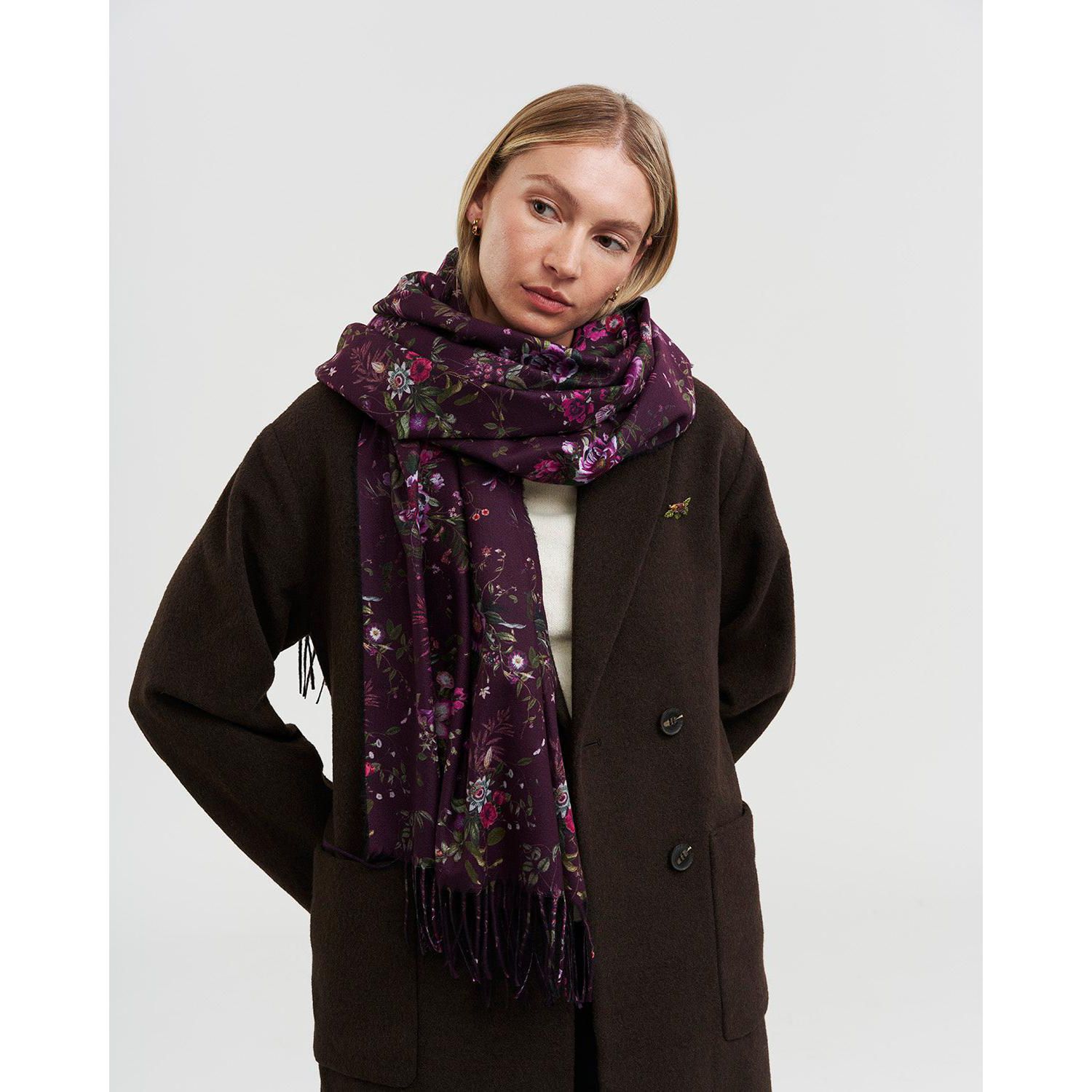 Women's Eve Floral Long Fringed Scarf in Burgundy