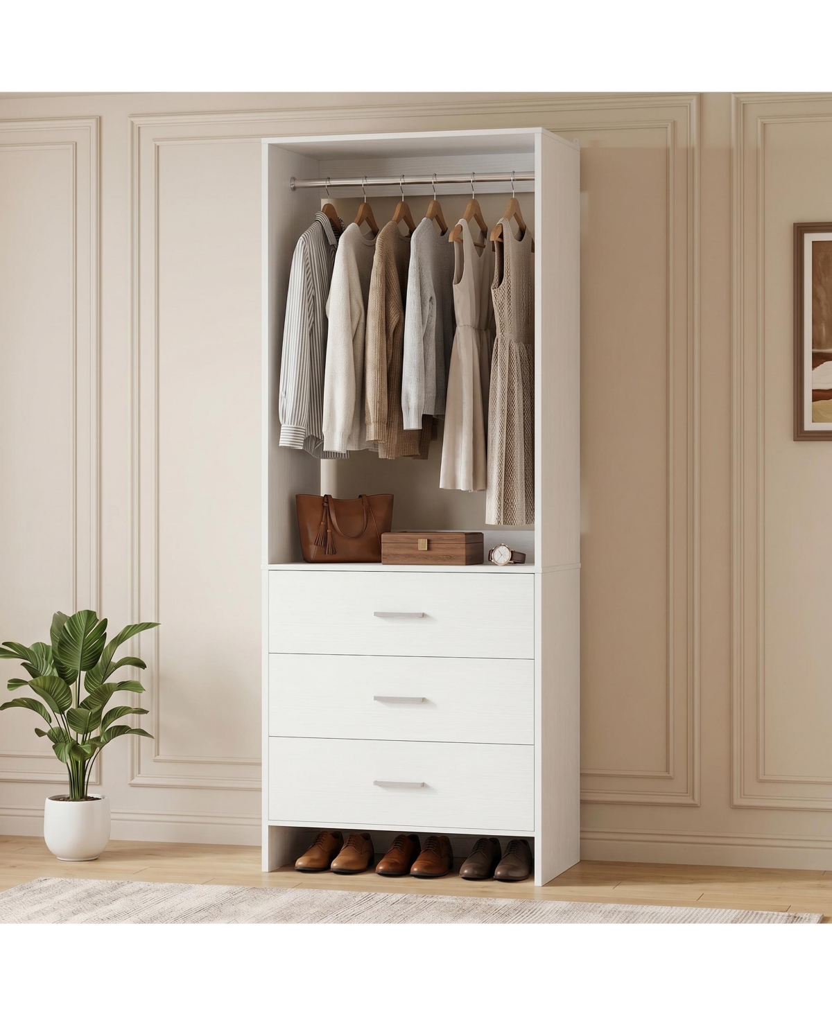 Aheaplus 2Feet Closet Organizer with 3 Drawers, Small Closets Wardrobe with Hanging Rods - White