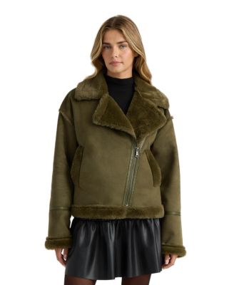 Women's Short Faux Suede Bonded to Faux Fur Shearling Biker Jacket