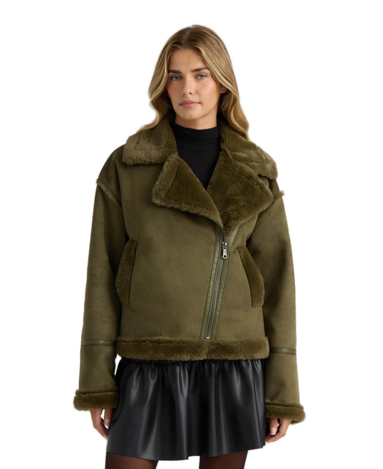 Women's Short Faux Suede Bonded to Faux Fur Shearling Biker Jacket