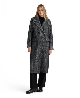 Women's Eyelash Double-Breasted Notch Collar Herringbone Long Coatigan