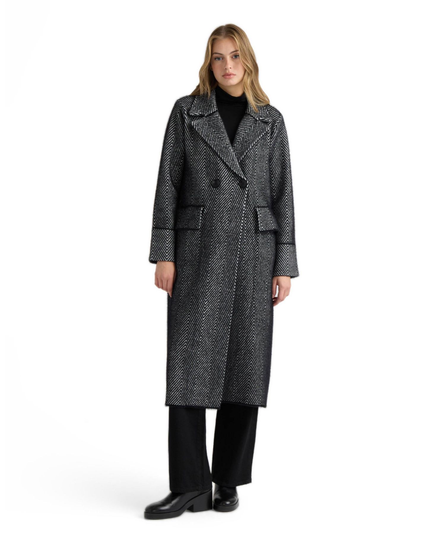 Women's Eyelash Double-Breasted Notch Collar Herringbone Long Coatigan