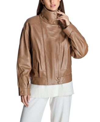 Women's Funnel-Neck Genuine-Leather Moto Jacket