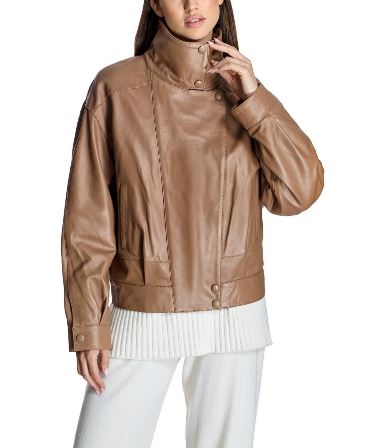 Julia & Stella By Maximilian Women's Funnel-Neck Genuine-Leather Moto Jacket