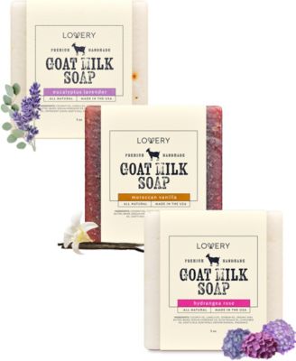 Handmade Goat Milk Soap Bars Made in USA with Organic Shea Butter - Eucalyptus Lavender, Moroccan Vanilla, Hydrangea Rose - 3 Pack
