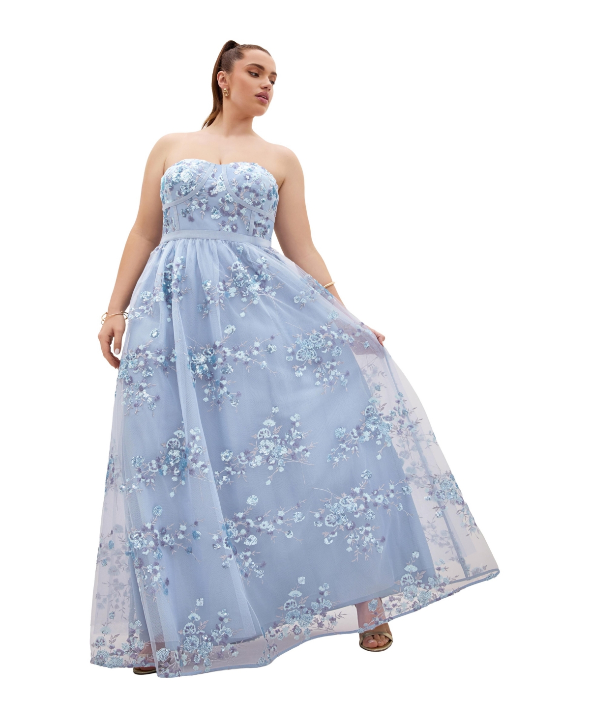 City Chic Plus Ambrosia Fit-and-Flare Embroidery Tulle Maxi Dress
