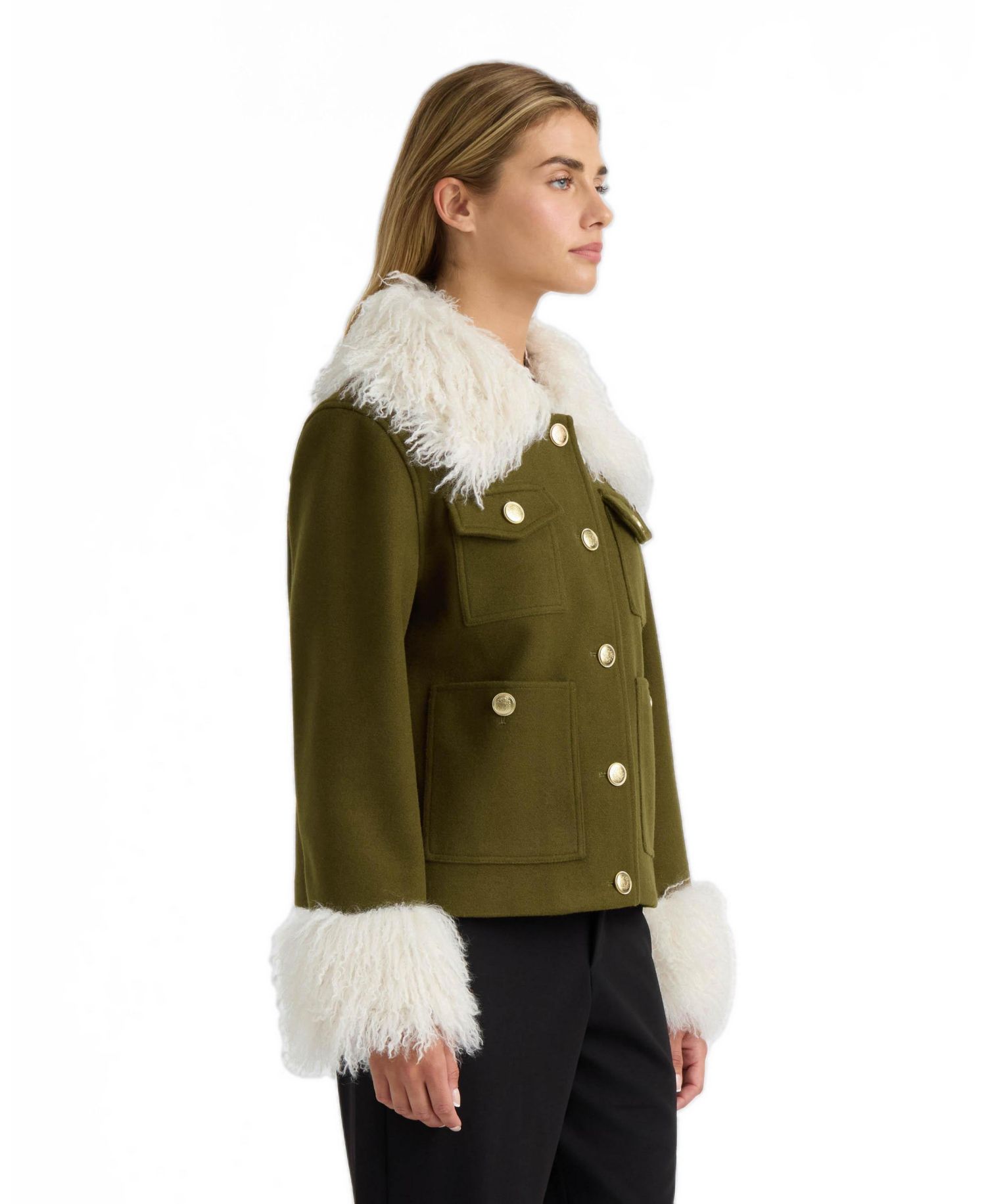 Women's Faux Wool Sb Short Jacket With Mongolian Faux Fur Collar