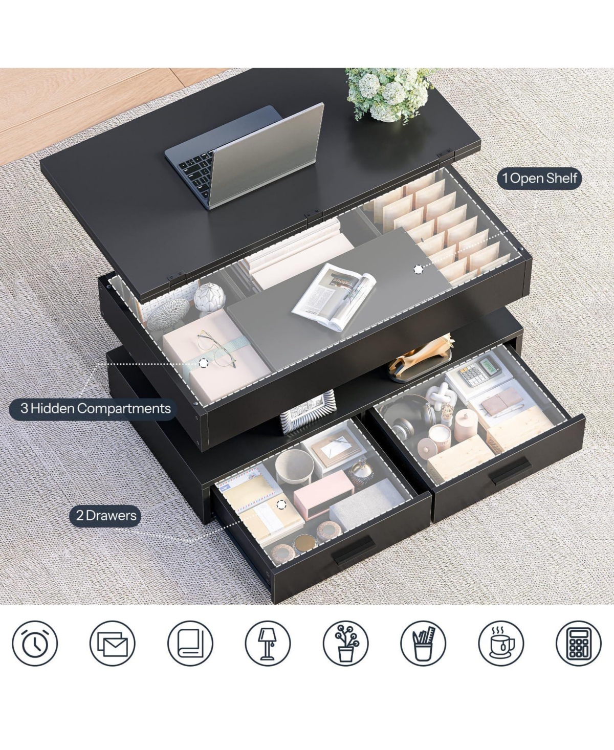 Slickblue Modern Lift Top Coffee Table with Led Light, Open Shelves and Hidden Storage