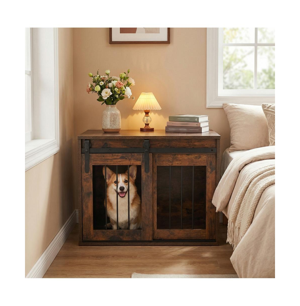 Ruie Dog Crate Furniture 31.5 in Wooden Pet Kennel End Table with Sliding Barn Door