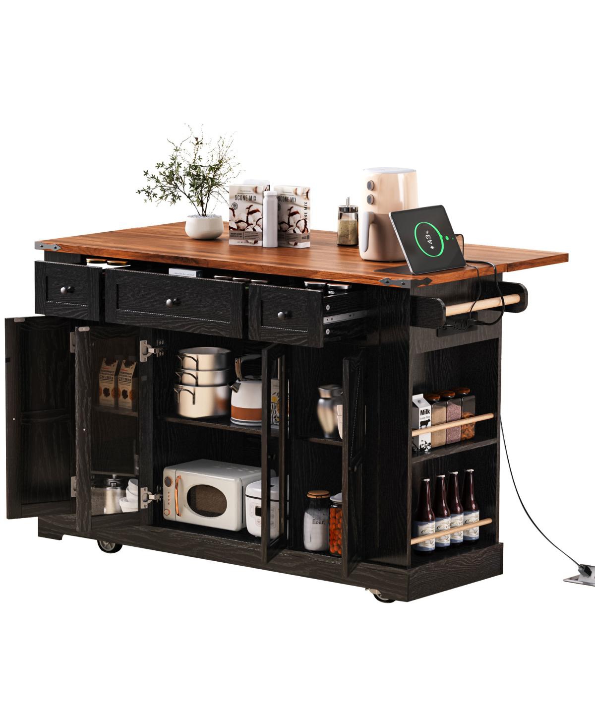Streamdale Furniture 53" Rolling Farmhouse Kitchen Island with Glass Doors, Drop Leaf and Power Outlet
