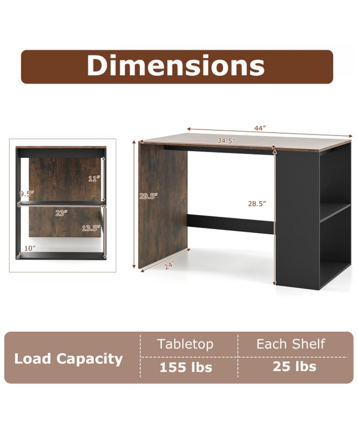 Gouun 44 Inch Wooden Computer Desk with 2-Tier Side Bookshelf