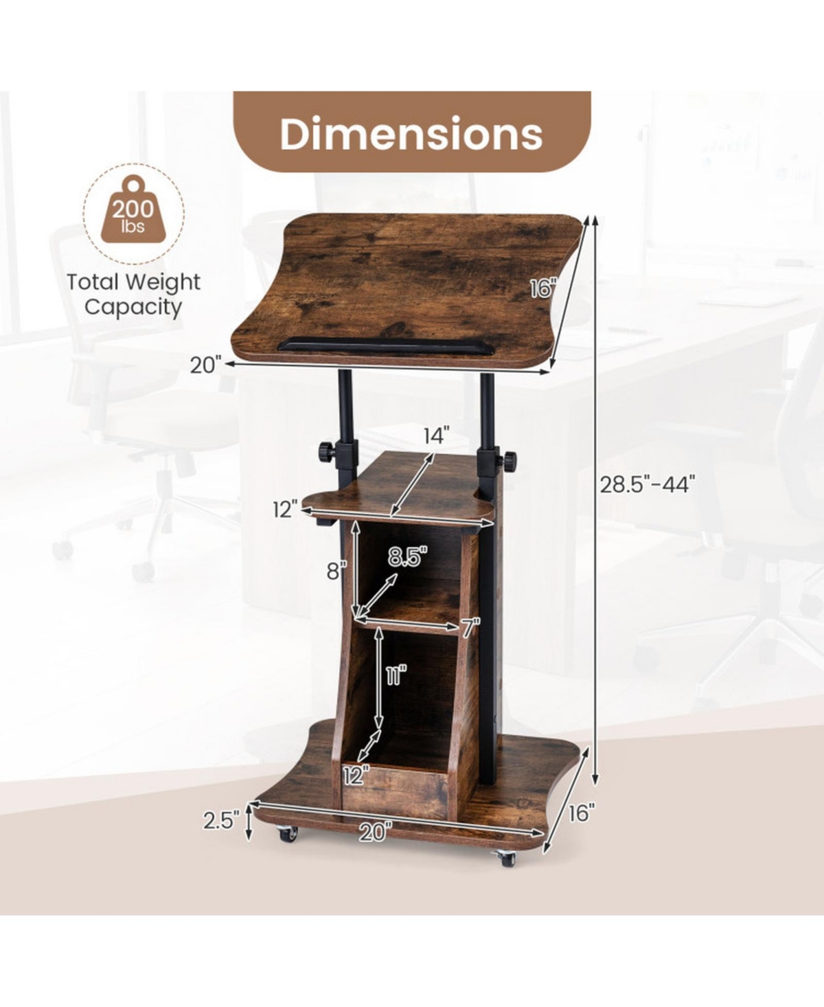 Gouun Mobile Podium Stand with Tilting Tabletop and Storage Compartments