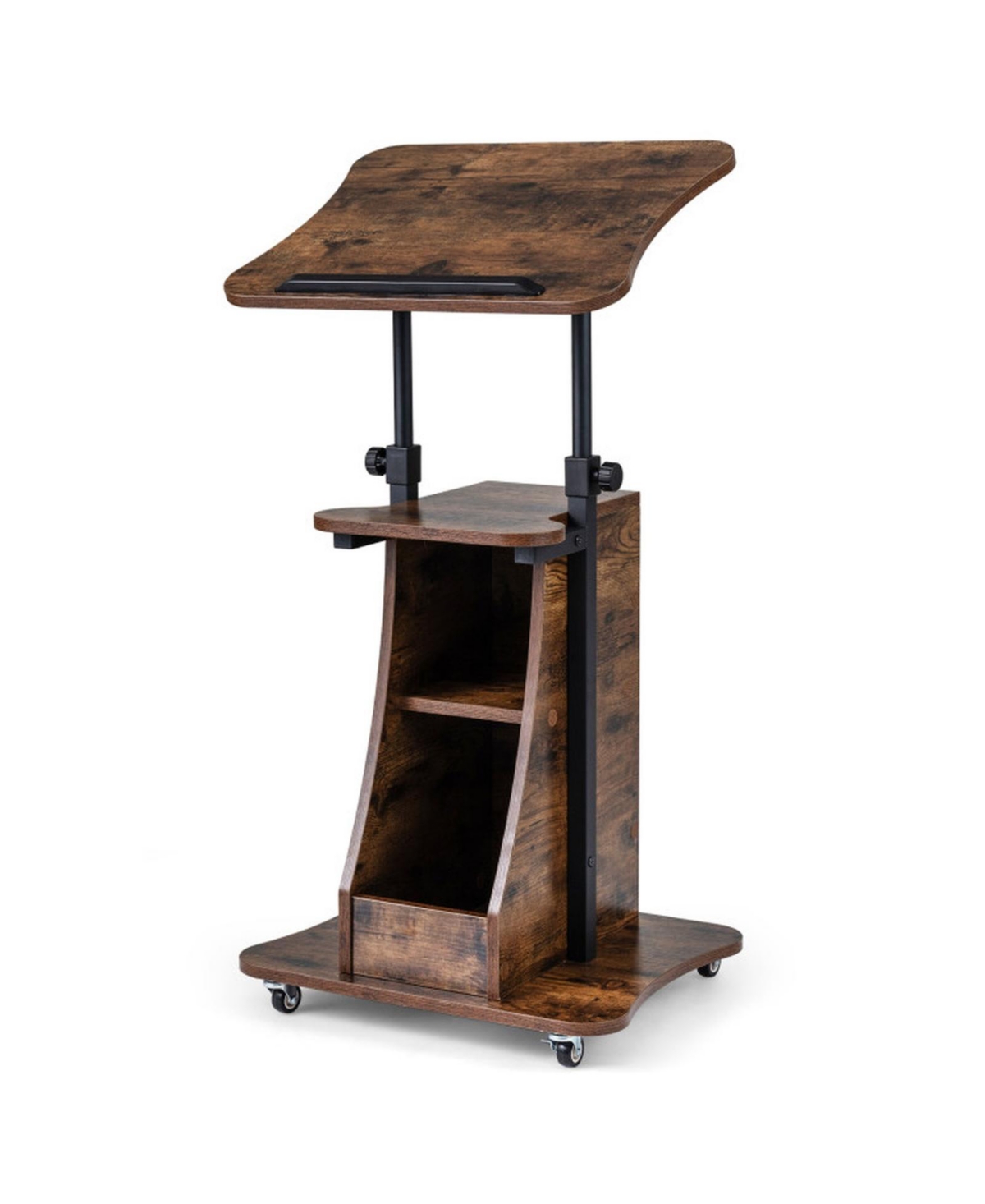 Gouun Mobile Podium Stand with Tilting Tabletop and Storage Compartments