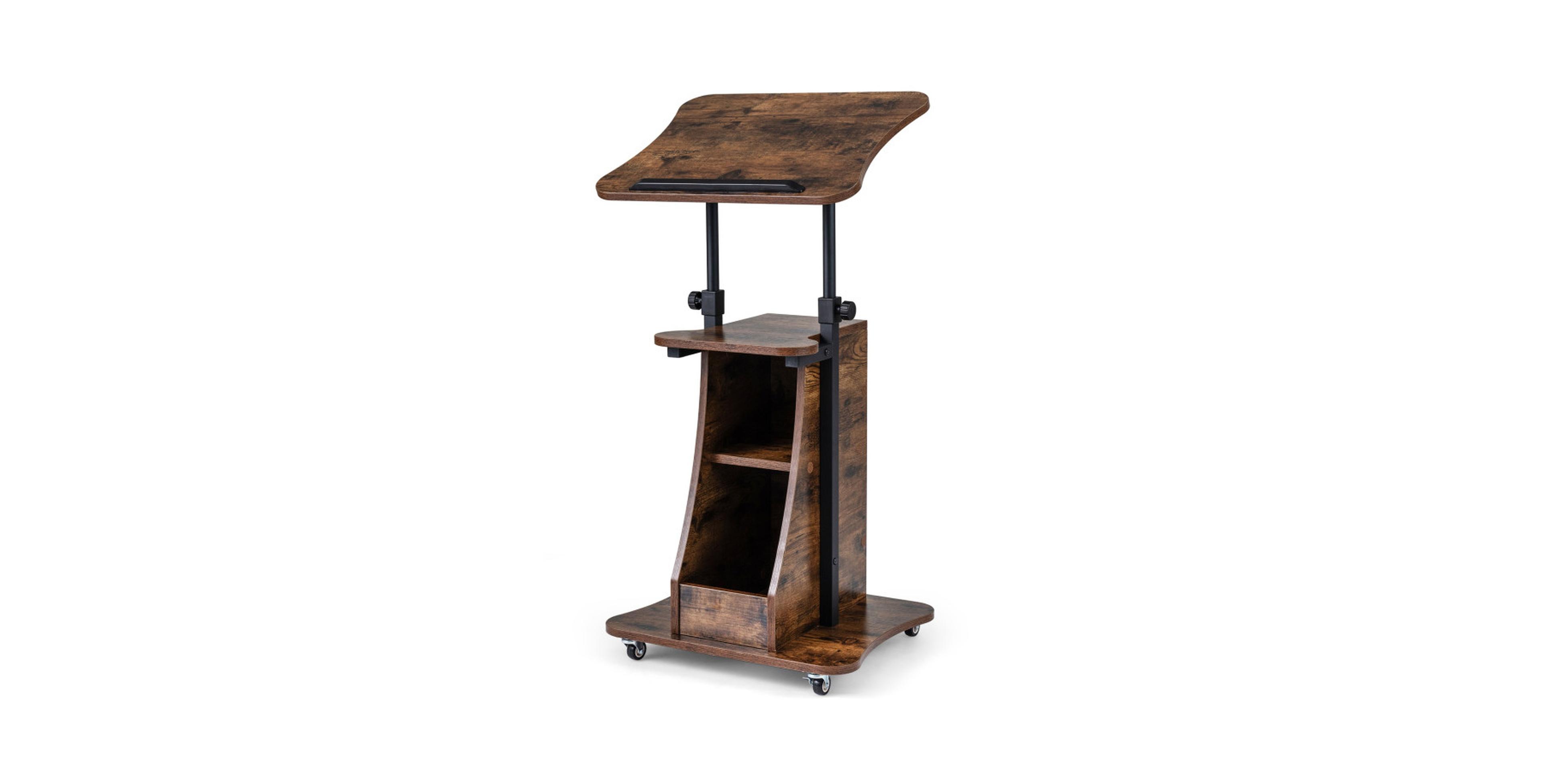 Gouun Mobile Podium Stand with Tilting Tabletop and Storage Compartments