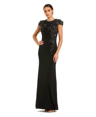 Women's Beaded-Floral Cap-Sleeve Column Gown