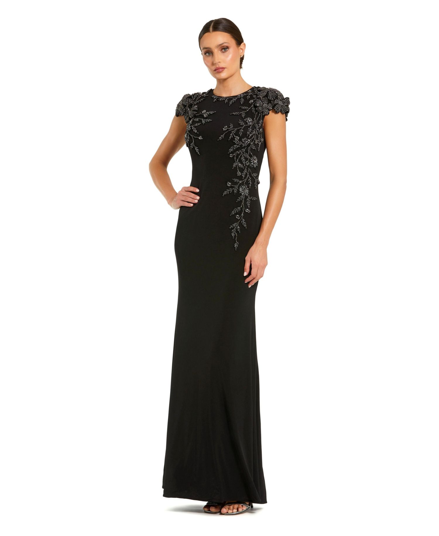 Women's Beaded-Floral Cap-Sleeve Column Gown