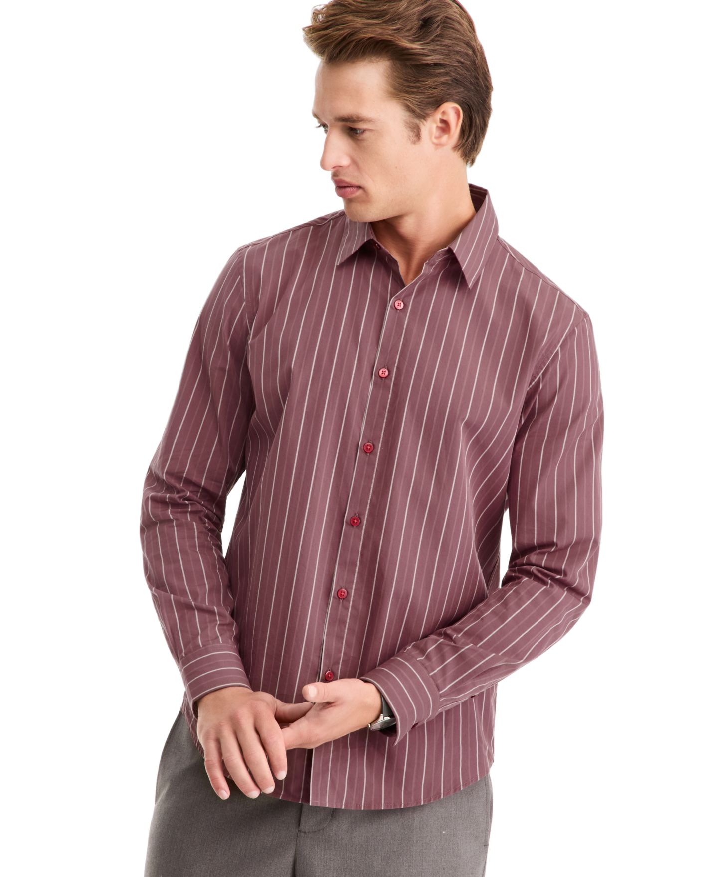 Мужская рубашка Alfani Long-Sleeve Stripe Regular-Fit Button-Down, цвет: Розовый коричневый — фото 1
