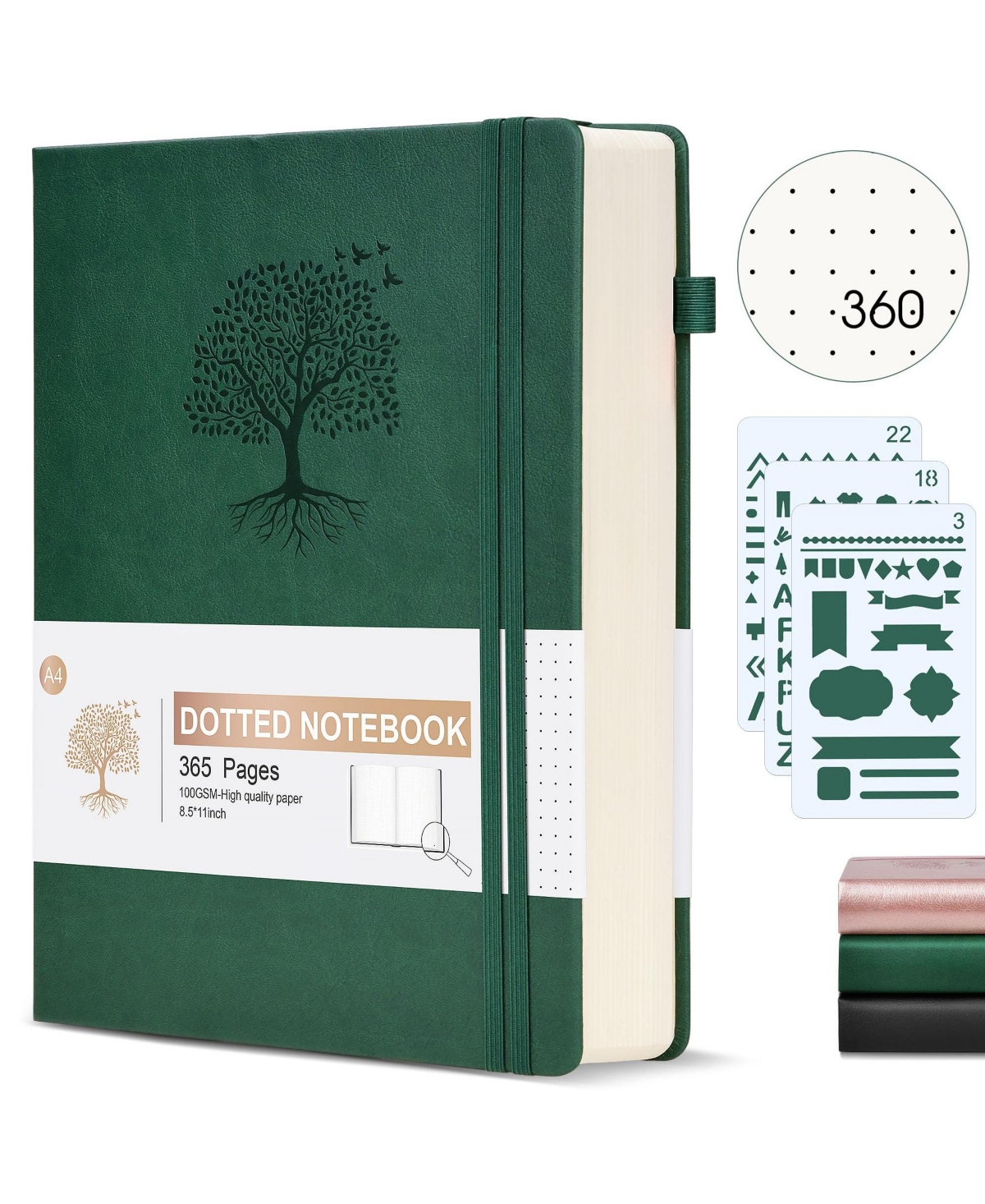 Danrong 365 Page A4 Lined Hardcover Journal Thick Ruled Paper with Closure Band and Pocket - Green