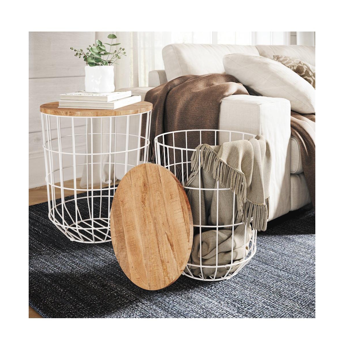 Jofran Global Archive Nested Storage Solid Wood and Metal Basket End Tables (Set of 2