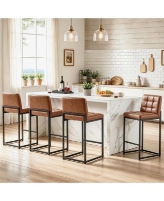 Bar Stools Set of 4 Modern Faux Leather Counter Height Barstools, Thick Upholstered Armless Counter Stools Chair with Back and Footrest