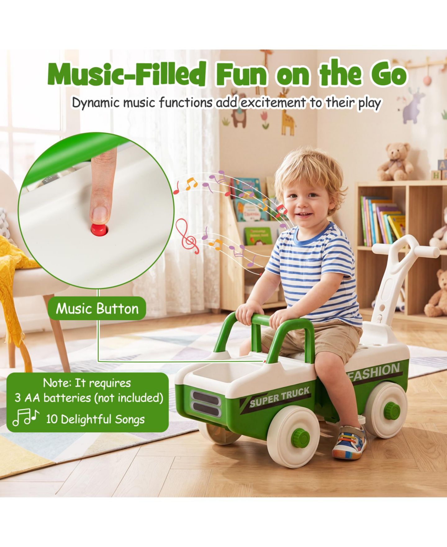 Детская игрушка Costway 4-in-1 Ride-On Push Car with Music and Under-Seat Storage, 45 lbs, Ages 18 Months-5 Years, цвет: Зелёный — фото 5